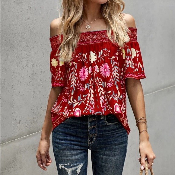 Boho floral print off shoulder blouse White - Picture 5 of 9